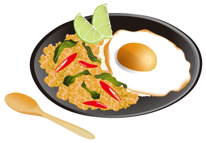 無料イラスト/フリー素材,free illustration,商用利用可能,commercial use,かわいいイラスト,a cute illustration,nasi goreng,タイ料理,パットガパオ,ผัดกระ เพรา,バジル焼き,Phat kaphrao,,パーティー,海外旅行,ai