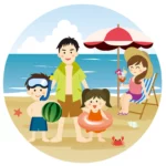 【夏休み】家族の海水浴のイラスト。