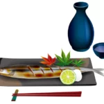 【日本料理】サンマの塩焼きと日本酒の無料イラスト。